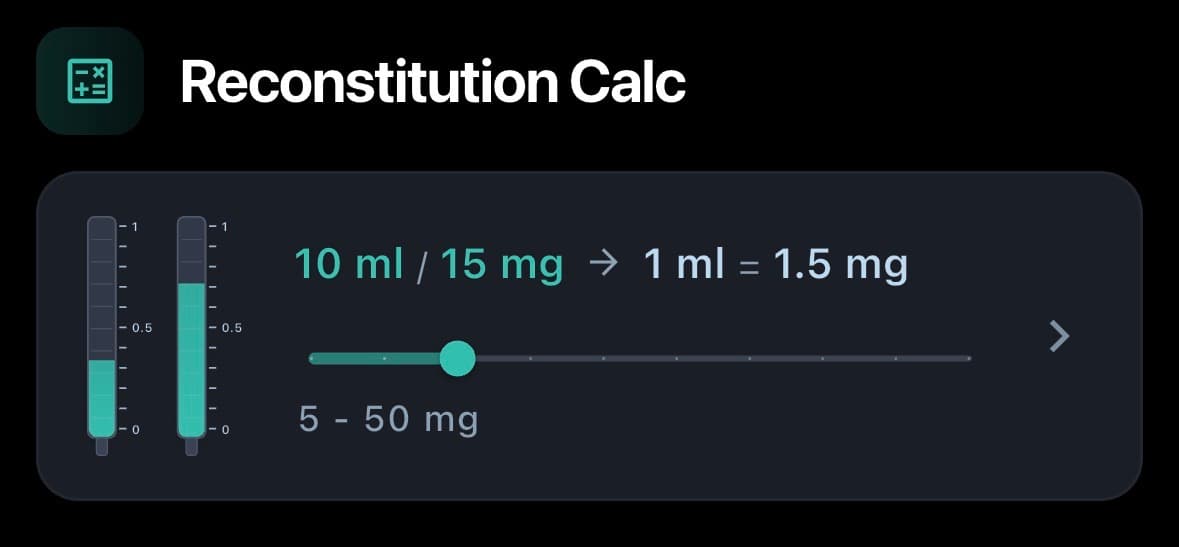 PepStack Reconstitution Calculator showing vial concentration and dose conversion
