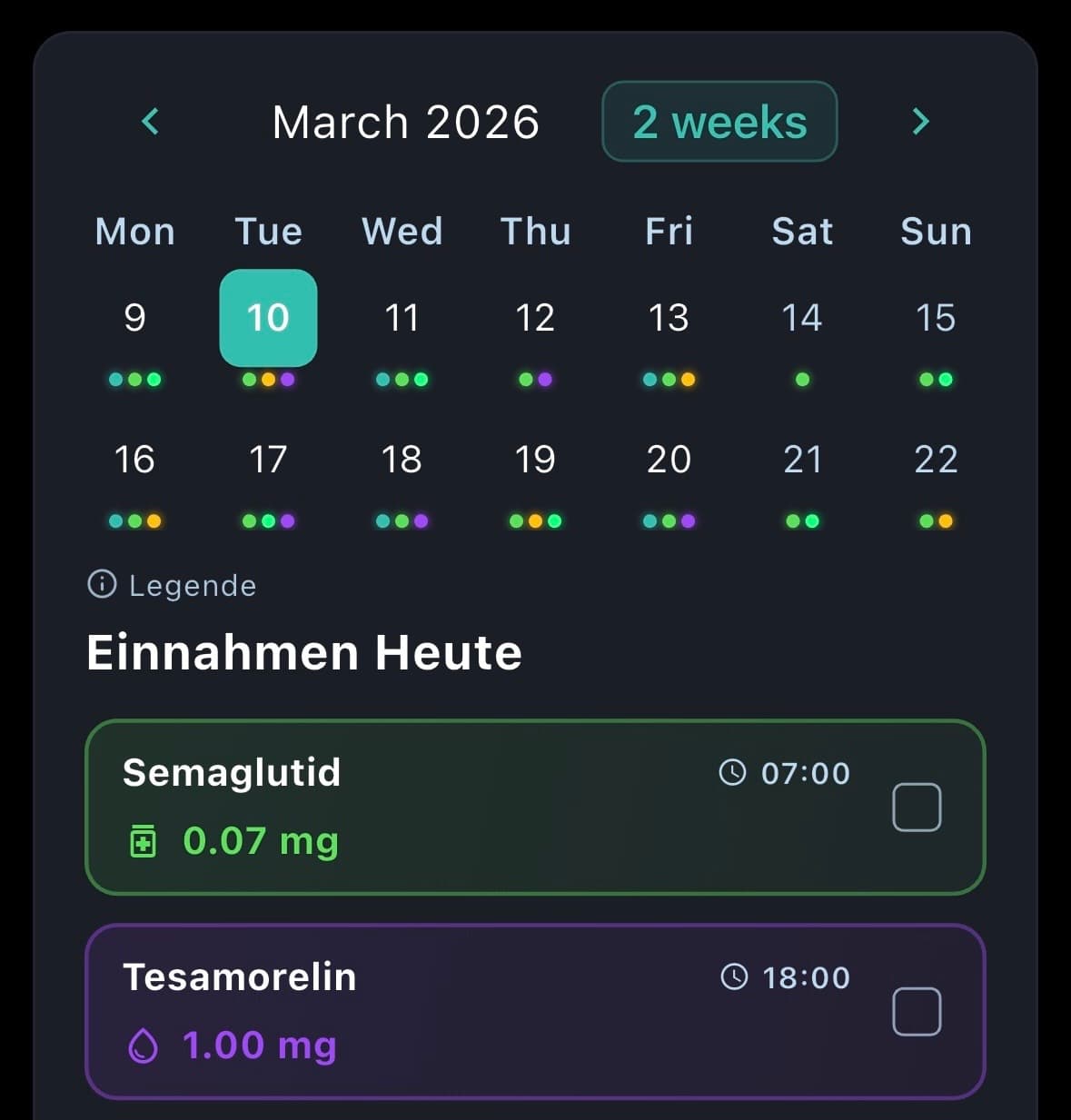 PepStack Intake Calendar with scheduled doses and daily view